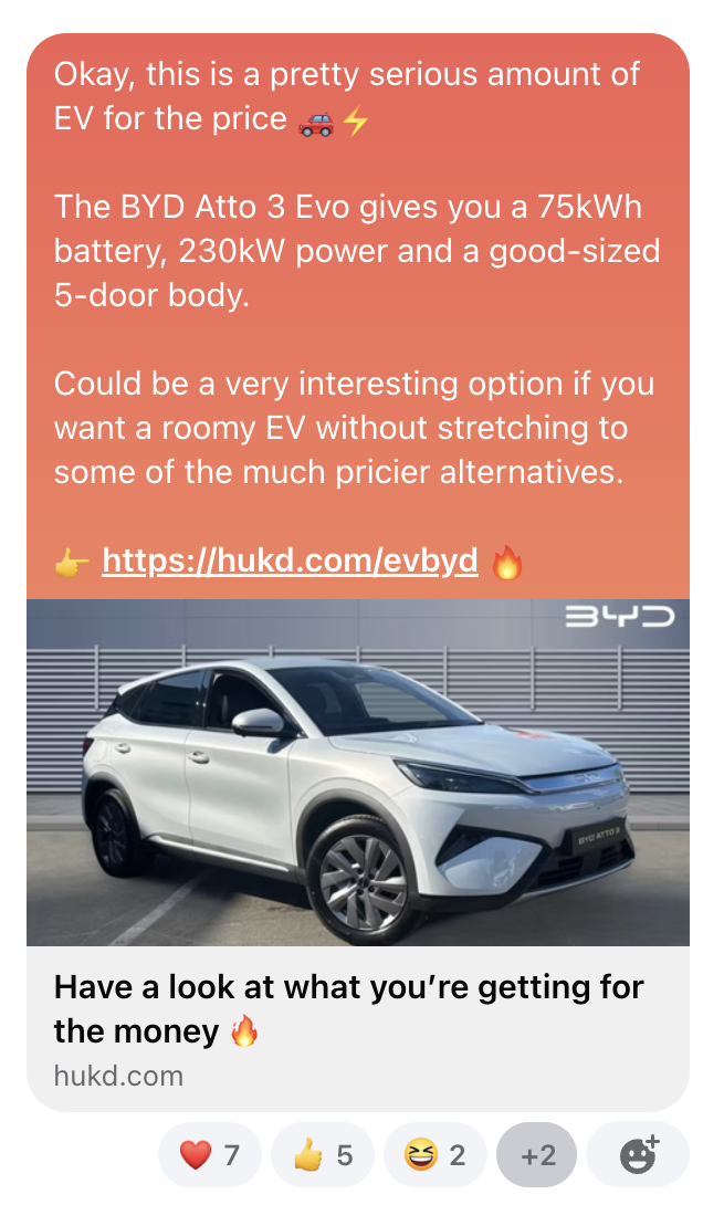 Facebook broadcast copy explaining the value of a BYD electric vehicle deal
